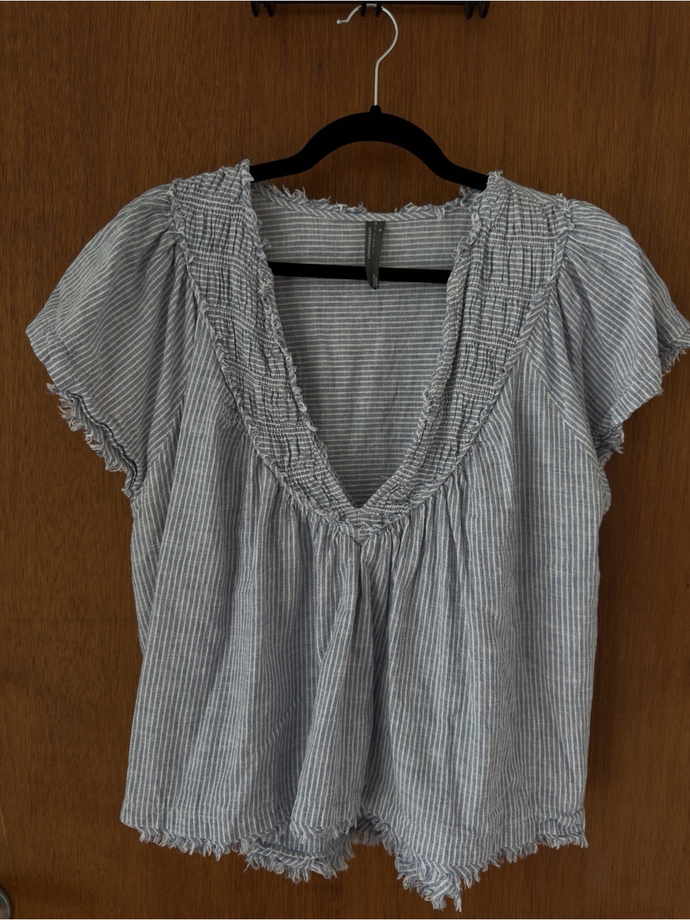 Anthropologie Linen Blue and White Striped V-Neck Flutter Sleeve Top
